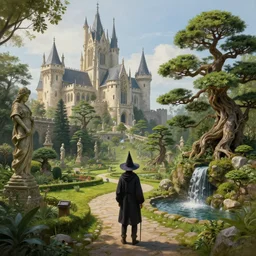 Firt person matte painting of witch academy castle with many bonsai trees on the right with small waterfall, highly detailed garden in the middle, many stone statues, gothic building style, highly detailed, 4k, 8k resolution, trending on artstation, artstationHD, artstationHQ, octane render.