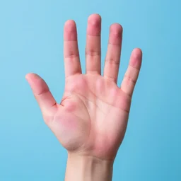 a normal human hand, pink and blue background