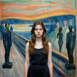 portrait of a girl 3 5 mm cinestil, interior room, edvard munch, obsidian statues, scene from the godfather, crowd of smiles, miles johnston, cynical realism, lucian freud, monet, bruce bickford masterpiece, turquoise and orange and pink, ruan jia