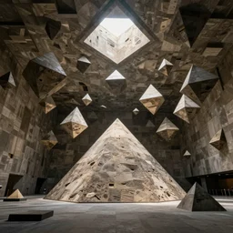 a gigantic interior chamber, pyramids on the ceiling, floating pyramids, brutalism, 4 k hd