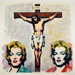 bloody jesus christ crucified painted by cy twombly, basquiat and andy warhol
