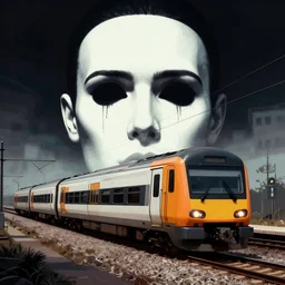 train riding over aphex twin giant face. digital art