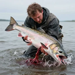 a man being devoured by a trout similar to a shark attack, blood guts