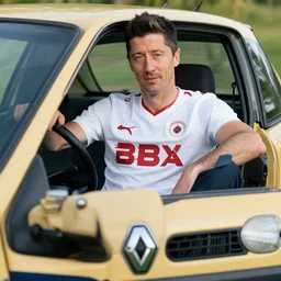 proude Robert Lewandowski is sitting in old Renault Clio