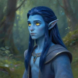A blue skinned male elf with yellow iris, young noble, scholar, clad in robes, curious, forwards facing, profile shot, centered, fair, fantasy concept art, long straight beautiful hair, dark blue hair, mystical eyes, magical lighting, beautiful, mystical, shimmers, nature, oil painting, forest background