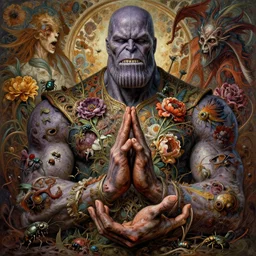 the platonic ideal of flowers, rotting, insects and praying of cletus kasady ultimate carnage thanos dementor doctor manhattan chtulu nazgul bioshock, hands in namaskara mudra, detailed, intricate, hyperrealism, intense, scary, decay, dmt, art by brock hofer and artgerm and greg rutkowski and alphonse mucha