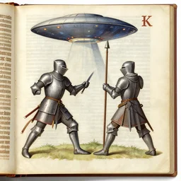 knights and archers fight against ufos, photo of a 1 4 th century codex, 4 k,
