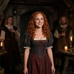 young, curly haired, redhead Natalie Portman  as a optimistic!, cheerful, rattlebrained medieval innkeeper in a dark medieval inn. dark shadows, colorful, candle light,  law contrasts, fantasy concept art by Jakub Rozalski, Jan Matejko, and J.Dickenson