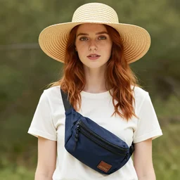 red headed young woman wearing a wide brimmed straw hat and a fanny pack, belt bag, bum bag