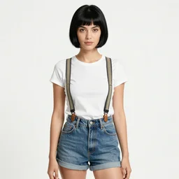 a woman with black hair pixie cut in shorts with suspenders drawn by dominique ingres, norman rockwell, frank frazetta, peter paul rubens, alphonse mucha, gustav klimt 4k, unreal 5, DAZ, french noveau, trending on artstation, octane render, hyperrealistic