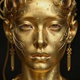 an intricate, detailed face of an android, golden skin with water drops on it, dramatic lighting, trending on artstation, art nouveau