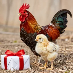 a down-covered hatchling chick and a rhode island red rooster with a birthday present