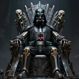 highly detailed portrait of a dath vader with bones, actuators, lost souls, evil spirits sitting alone on a metal throne, unreal engine, fantasy art by greg rutkowski, cinematic, establishing shot, art station