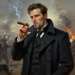 a epic portait of a man wearing a dark formal overcoat and smoking a cigar with a battlefield in the background, portait photo, hyperrealistic, concept art, digital art, high quality, highly detailed, fantasy style, dramatic lighting, 8k hdr, oil painting, epic image, path tracing, badass pose, complementary colors, realistic face, defined face, anatomically correct, five fingers