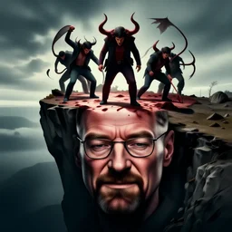 slaughter of demons on a cliff overlooking a large floor with Walter White's face on, Greg Rutkowski