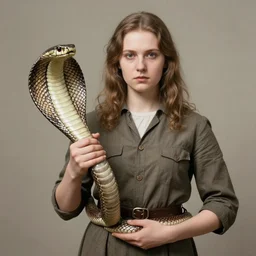 a young woman holds a cobra as a symbol of power painted as russian propaganda from 1 9 4 0