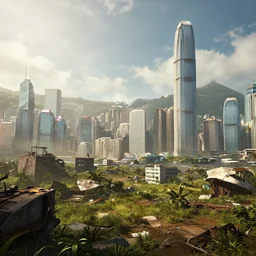 A photorealistic and highly detailed landscape of post apocalyptic Hong Kong set in the Fallout Universe, dynamic lighting, very sunny