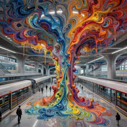 a beautiful insanely detailed modern metro station intricate detailed color smashing fluid oilpaint, 3 d render, hyper realistic detailed, sharp, melting wax, fluid acrilic, thin fractal tendrils, intense colors, scifi, fantasy, hyper detailed, octane render, concept art, by peter mohrbacher, by wlop, by ruan jia