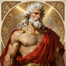 painted portrait of rugged zeus, god of thunder, greek god, white hair, masculine, mature, handsome, upper body, red and gold, linen, entangled, muscular, hairy torso, fantasy, intricate, elegant, highly detailed, digital painting, artstation, concept art, smooth, sharp focus, illustration, art by gaston bussiere and alphonse mucha