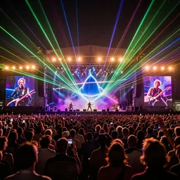 rock band pink floyd live outdoor concert 1 9 7 3, laser light show, amazing background, large crowd of spectators, intense detail, photorealistic
