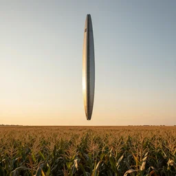 wide shot of a tall and thin monolithic spaceship hovering vertically in the air 6 feet above a cornfield, late afternoon, golden hour, highly detailed, smooth, sharp focus, concept art by greg rutkowski and syd mead