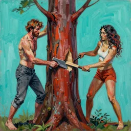 high quality high detail painting by lucian freud and jenny saville, hd, cutting a redwood tree, turquoise