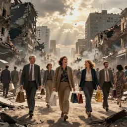 modern city destroyed by war in ruins with rich people walking around with shopping bags laughing and having fun
