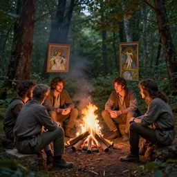 friends around campfire in the woods by john william waterhouse and thomas kinkade and alphonse mucha, 8 k, sharp focus, lighting study, octane render