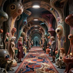Prometheus biological sci-fi corridor set in a nightmarish universe of odd forms and somber tapestry, humans exploring, HR Giger, vivid color scheme, featured in artstation, octane render, cinematic, elegant, intricate, 8k