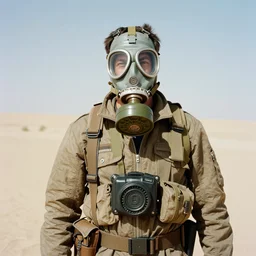 a man wearing a gasmask, heavily equipped, in the desert, film still, panasonic 35mm