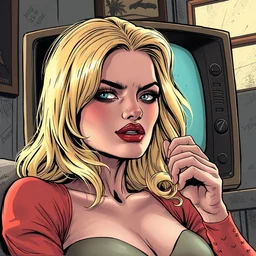 no text, highly detailed, graphic novels, clayface is copying blond female model in the tv