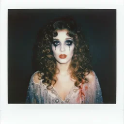 an instant photo of a beautiful but sinister ghost in layers of fear, with haunted eyes and curly hair, 1 9 7 0 s, seventies, delicate embellishments, a little blood, crimson, painterly, offset printing technique, mary jane ansell