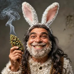 hyper realistic, portrait of a derpy mr. bean, big chungus, with bunny ears, shrek skin, very fuzzy, furry, long hair, smoking massive amounts of weed, big smile, buck teeth, by greg rutkowski, scott m fischer, artgerm, loish, slight glow, atmospheric, anne stokes, alexandros pyromallis, 4 k, 8 k