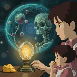 maon sisterhood of the lamp,art by Hidetaka Tenjin and Gahan Wilson and Jason Van Hollander,trending on artstation, skeletal lighting microscopic view,optical illusion ,Studio Ghibli ,mac and cheese ,profile picture,bokeh,