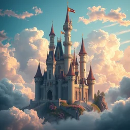 a fairytale castle surrounded by clouds, rose, colorful, oil painting, light effect, lots of detail, 4 k, macro lens, octane rendering, by jenny mati, artstation