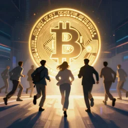 people running away from crypto scared, cyberpunk art