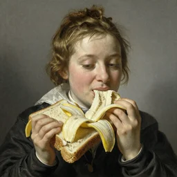 Banana eating a big sandwich, by Rembrandt