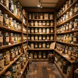 Inside an old Magical Shop, large jars on shelves, beautiful labels, fantasy vendor interior, wide angle, highly detailed, rich bright colors, trending on artstation