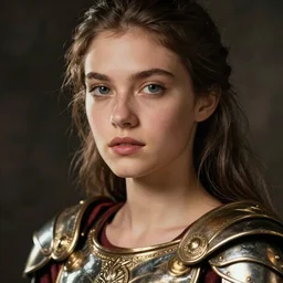 close - up portrait of beautiful young woman dressed gladiator with metallic armor, art by horst p. horst