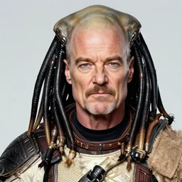 portrait of Walter White fighting Predator from the movie Predator, by Charlotte Grimm, natural light, detailed face, CANON Eos C300, ƒ1.8, 35mm, 8K, medium-format print