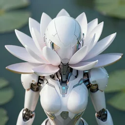 futuristic nymphaea mecha waterlily upper body, sepals forming helmet, floral details, nymphaea, 8 k hd resolution, barbatos gundam with floral inlay, bandai box art, star wars, brian despain, makoto kobayashi, frank gehry, raymond swanland