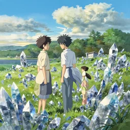 Landscape of crystals by Makoto Shinkai, Greg Rutkowski, and Amano Yoshitaka
