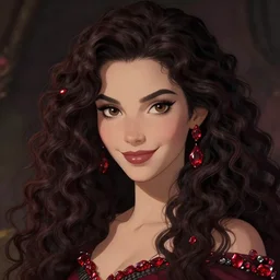 dark portrait of a beautiful young vampire girl, goddess of carbon and rubies, with long curly hair, perfectly proportioned face, brown eyes, sweet smile, strong jawline,, natural lighting, path traced, highly detailed, high quality, cartoon, digital painting, by new haicheng and h. r. giger and studio ghibli and luis royo and alphonse mucha