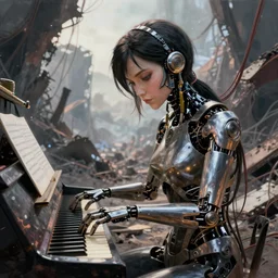cyborg machine playing the piano among the ruins, wires bare, beautiful face, alita : battle angel style, dreamscape, digital painting, concept art, 8 k, by anna dittmann