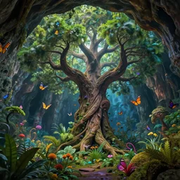 butterflies flying up to a giant magic tree in a magic cave with lot of mystic vegetation, overdetailed art, realistic, colorfull