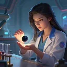 league of legends concept art beautiful young female scientist examining small black hole in her hand, long hair, futuristic laboratory background interior, table with test tubes and hi tech equipment, art by charles liu, close - up shot, fantasy style, soft lighting, vibrant color scheme, female portrait, ultra detailed, volumetric lighting, octane render, commission art, 8 k wallpaper