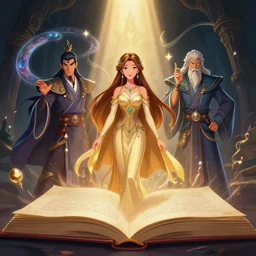 a female and three male characters summoned from inside a book like genies, trending on artstation, detailed digital art