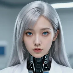 a close up portrait of a scientist android girl with silver hair by artgerm and wlop