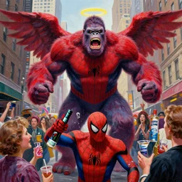 Medium shot of a typical character in the style of Alex Horley-Orlandelli An king Kong rage on street marvelous detailed portrait of a winged red cashmere sock sock sock with a halo standing above new york city. norman rockwell heorhiy narbut jessie wilcox smith beatrix potter joseph leyendecker acrylic paintin Spiderman goes to a rave party and drink himself drunk, Spiderman drinks Viking Fjord vodka straight from the bottle, Spiderman in the moshpit, Realistic, HDR, HD, Real Event, 8Kg