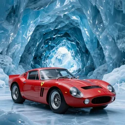 cinematography of Ferrari 250 GTO series 2 in a blue ice cave by Emmanuel Lubezki